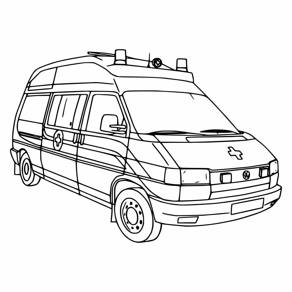 Detailed coloring page of an ambulance, great for kids interested in emergency services.