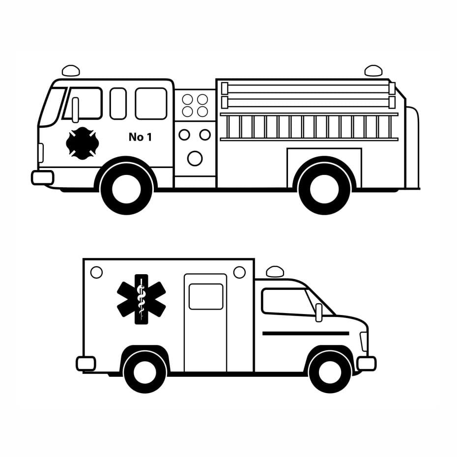 Simple coloring page of two ambulances.