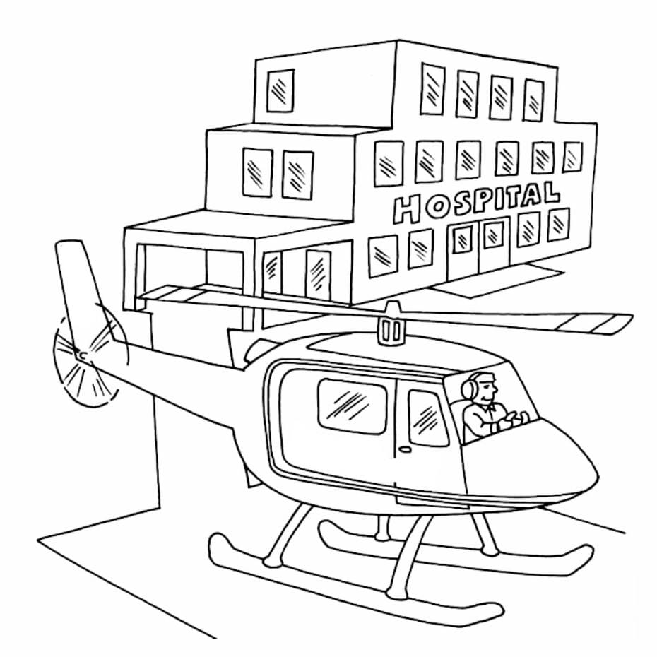 Coloring page of an ambulance helicopter, perfect for kids interested in aviation.