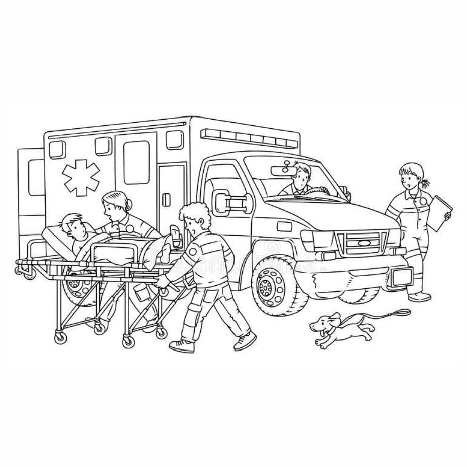 Ambulance coloring page featuring several paramedics, great for group coloring activities.