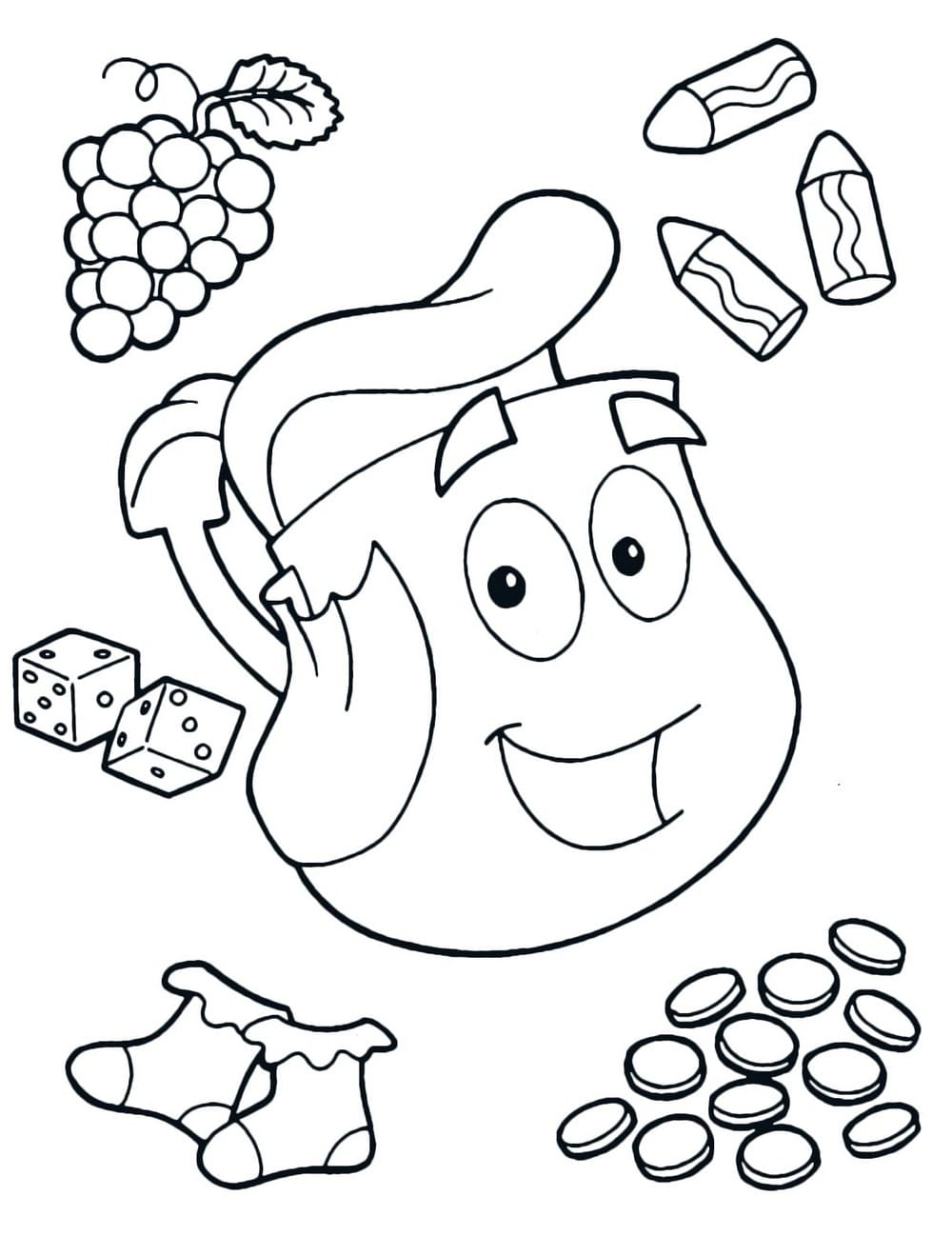 Various items out of Dora the Explorer's backpack coloring pages