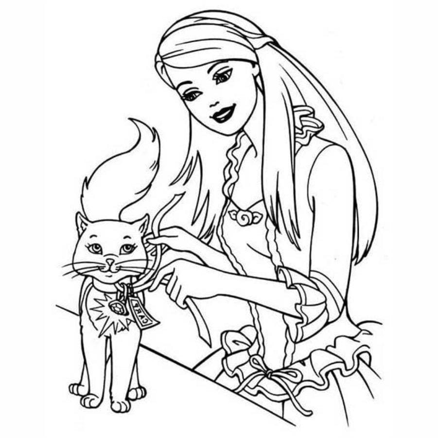 Barbie with a cat in a coloring page