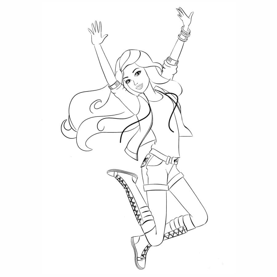 Barbie happily posing in a coloring page