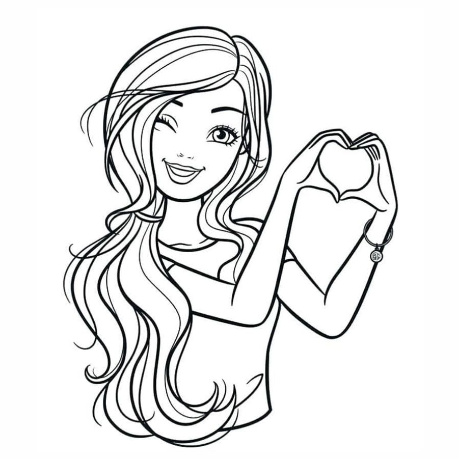 Barbie making a heart in a coloring page