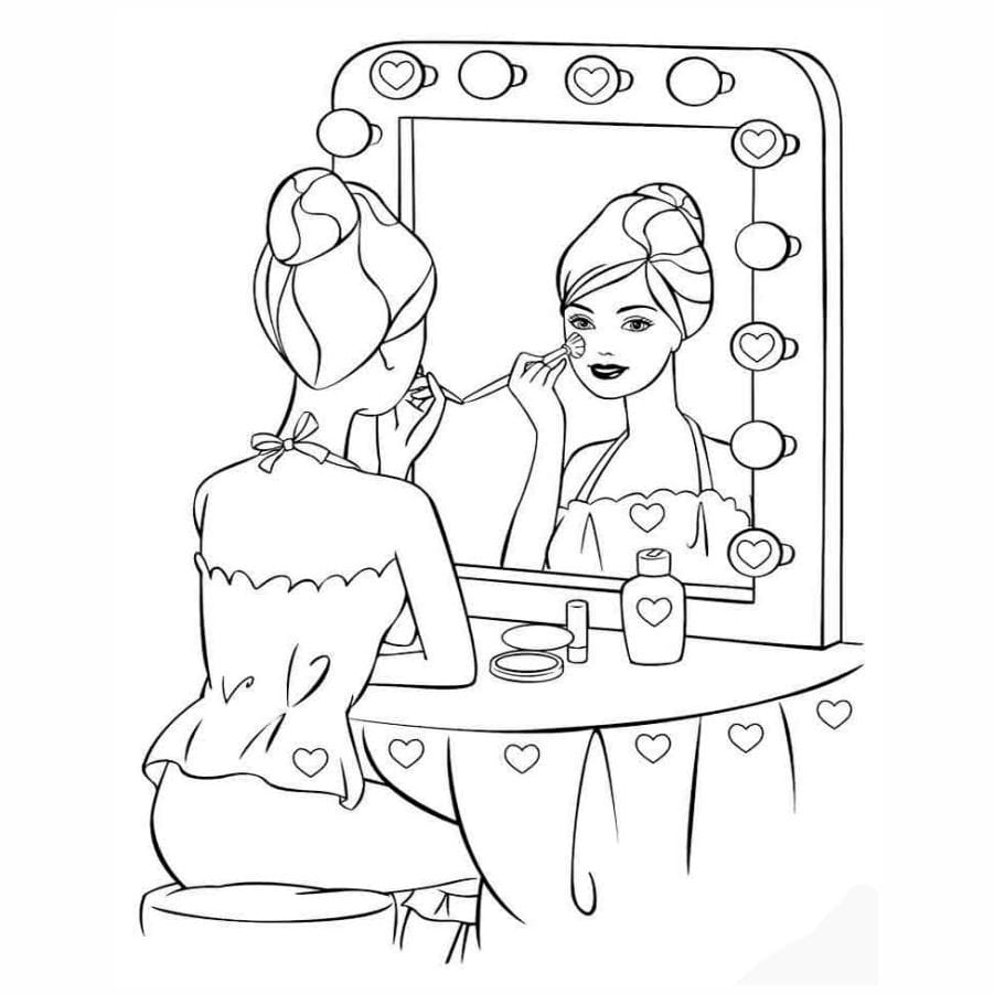 Barbie doing makeup coloring page