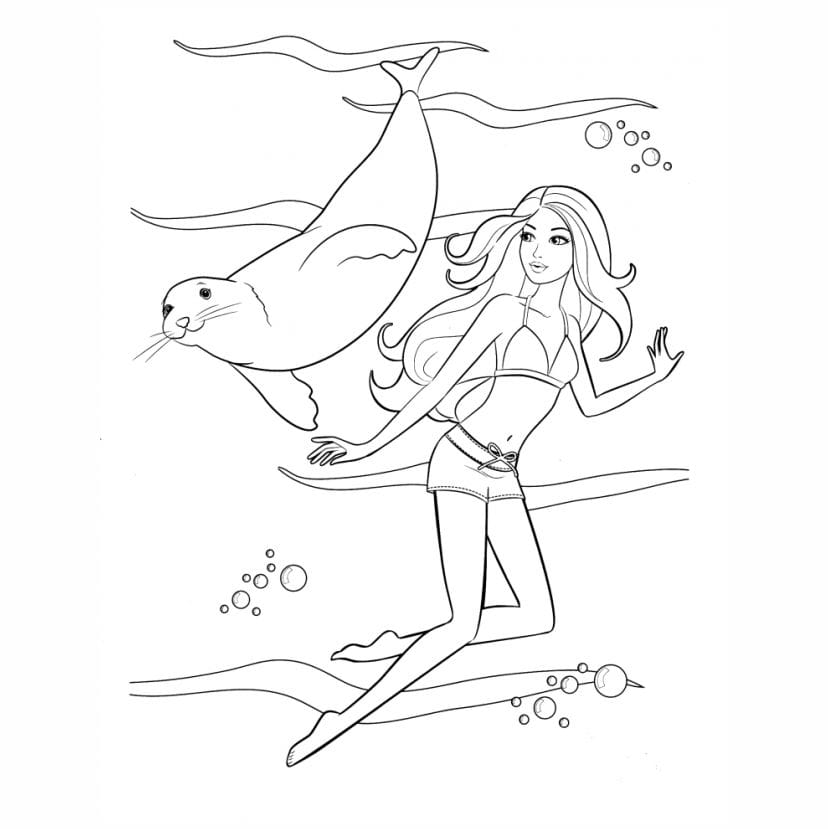 Barbie mermaid coloring page with a jellyfish and a sea lion floating nearby.