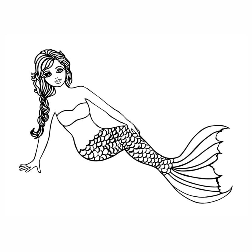 Barbie mermaid coloring page with bubbles and sea creatures.