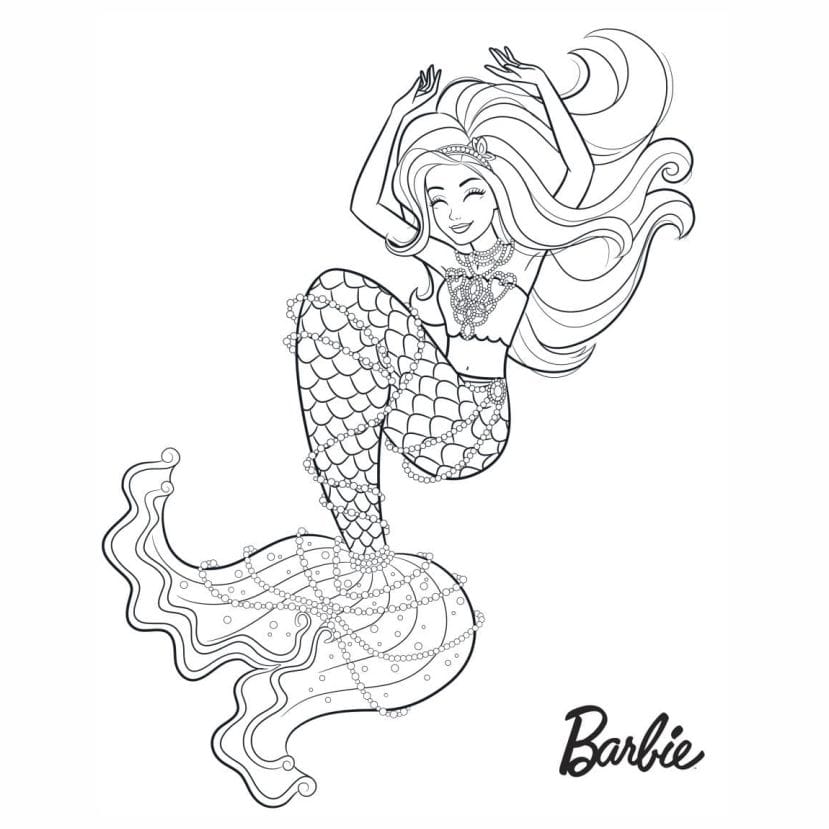 Coloring page of Barbie as a mermaid, waving to a fish.