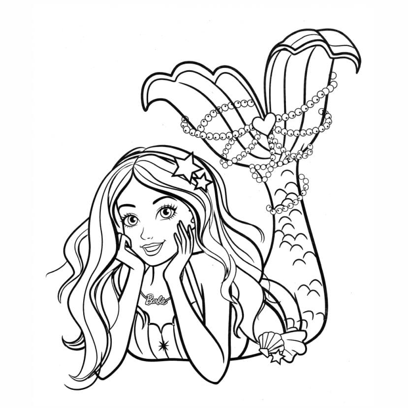 Mermaid Barbie coloring page with underwater plants.