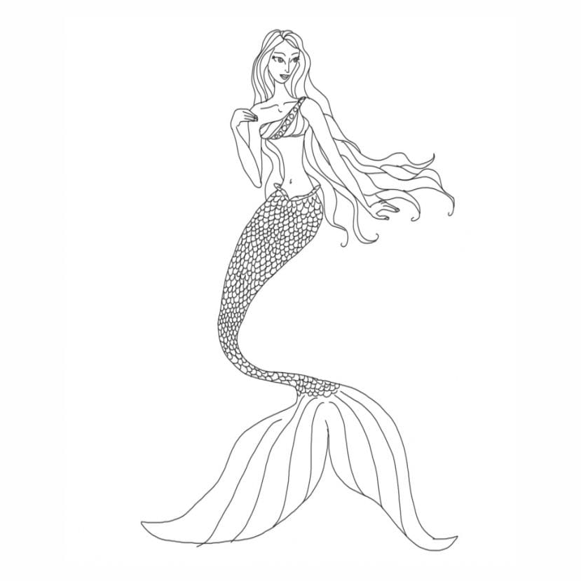 Coloring page of Barbie as a mermaid, smiling and surrounded by fish.