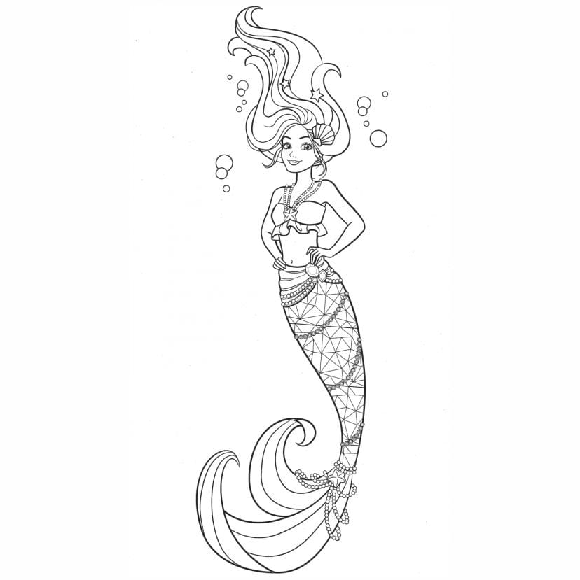 Coloring page of Barbie as a mermaid with her hair flowing in the water.