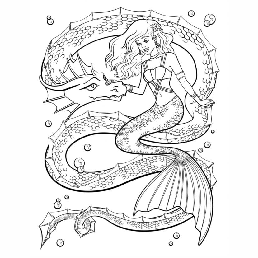 Barbie mermaid coloring page with bubbles and sea creatures.