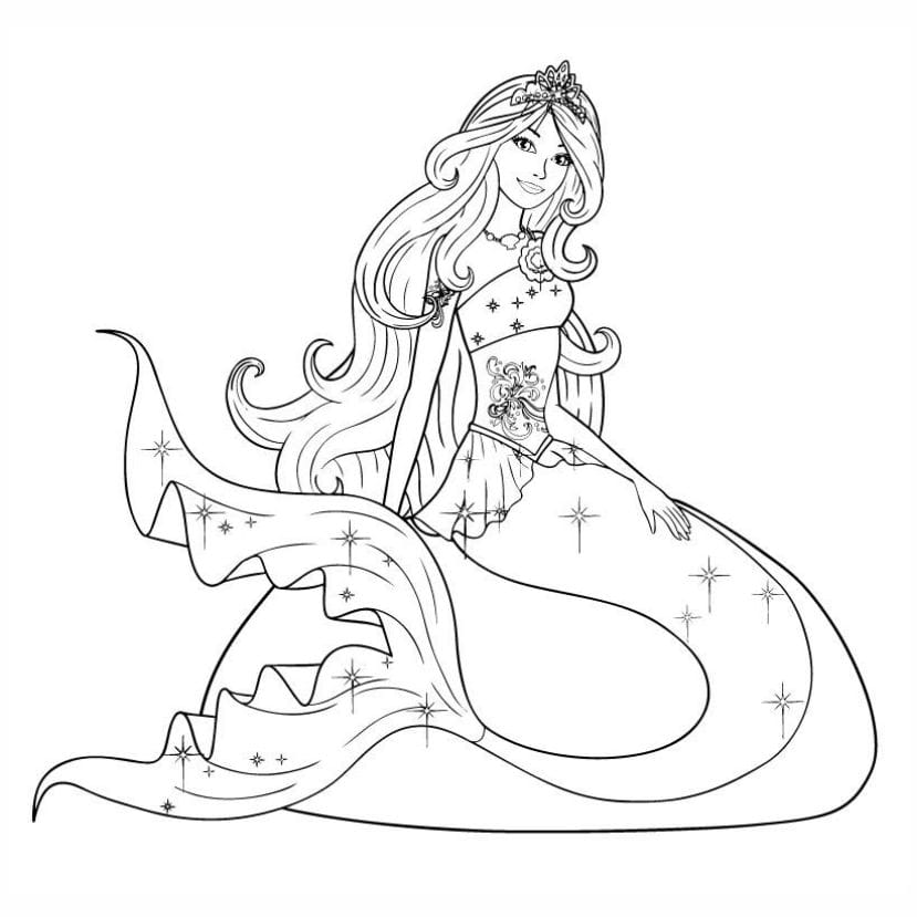 Coloring page of Barbie as a mermaid.