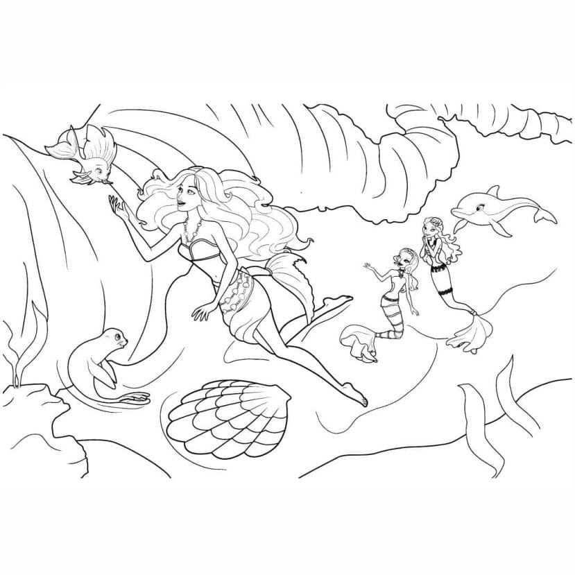 Coloring page of Barbie as a mermaid, swimming among fish and corals.