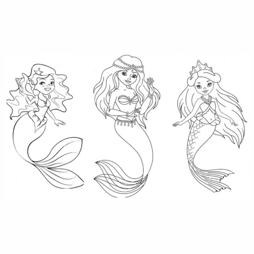 Printable coloring page of three mermaids floating