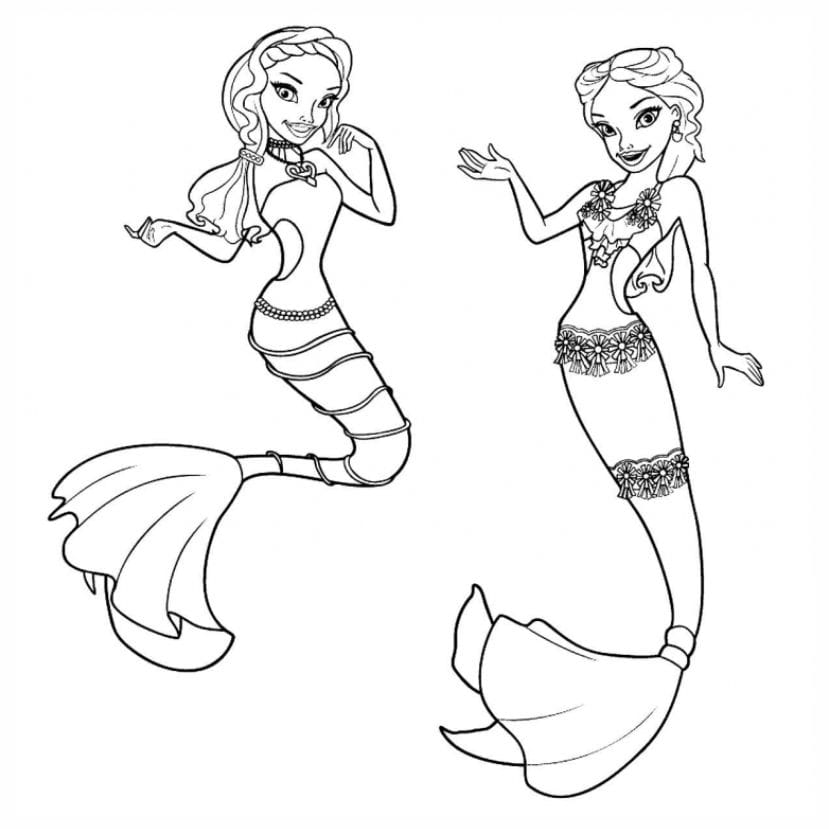 Printable coloring page of two mermaids floating.