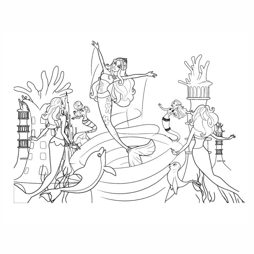 Printable coloring page of Barbie as a mermaid, exploring the ocean.