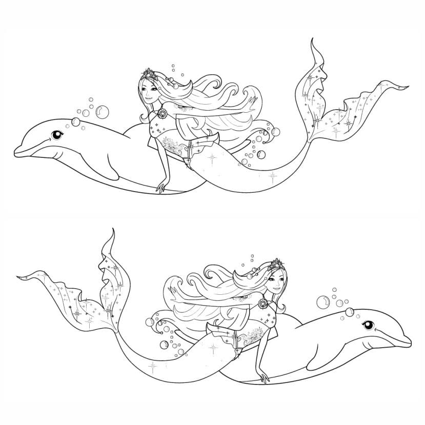 Mermaid Barbie coloring page with a friendly dolphin.