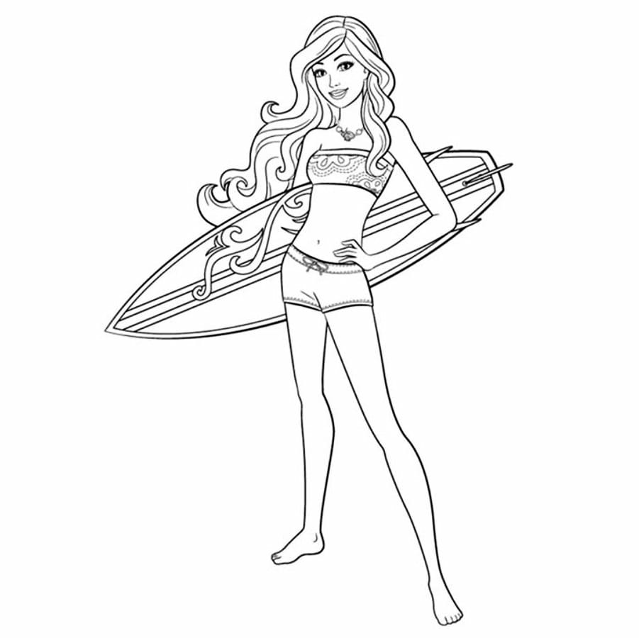 Barbie with a surfboard coloring page