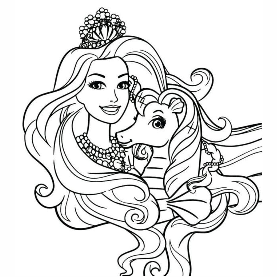 Barbie with a unicorn coloring page