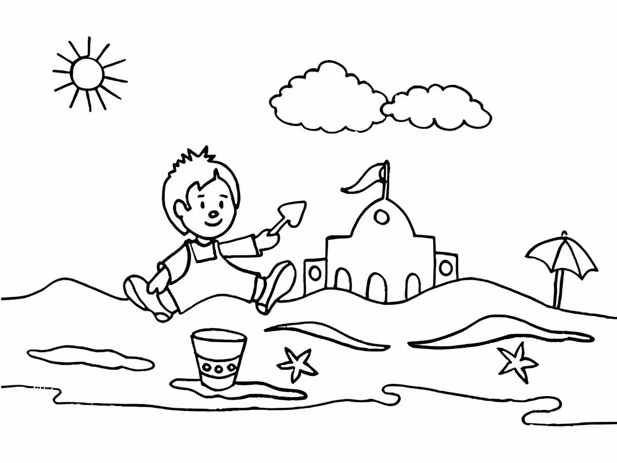 Boy playing in sand coloring page