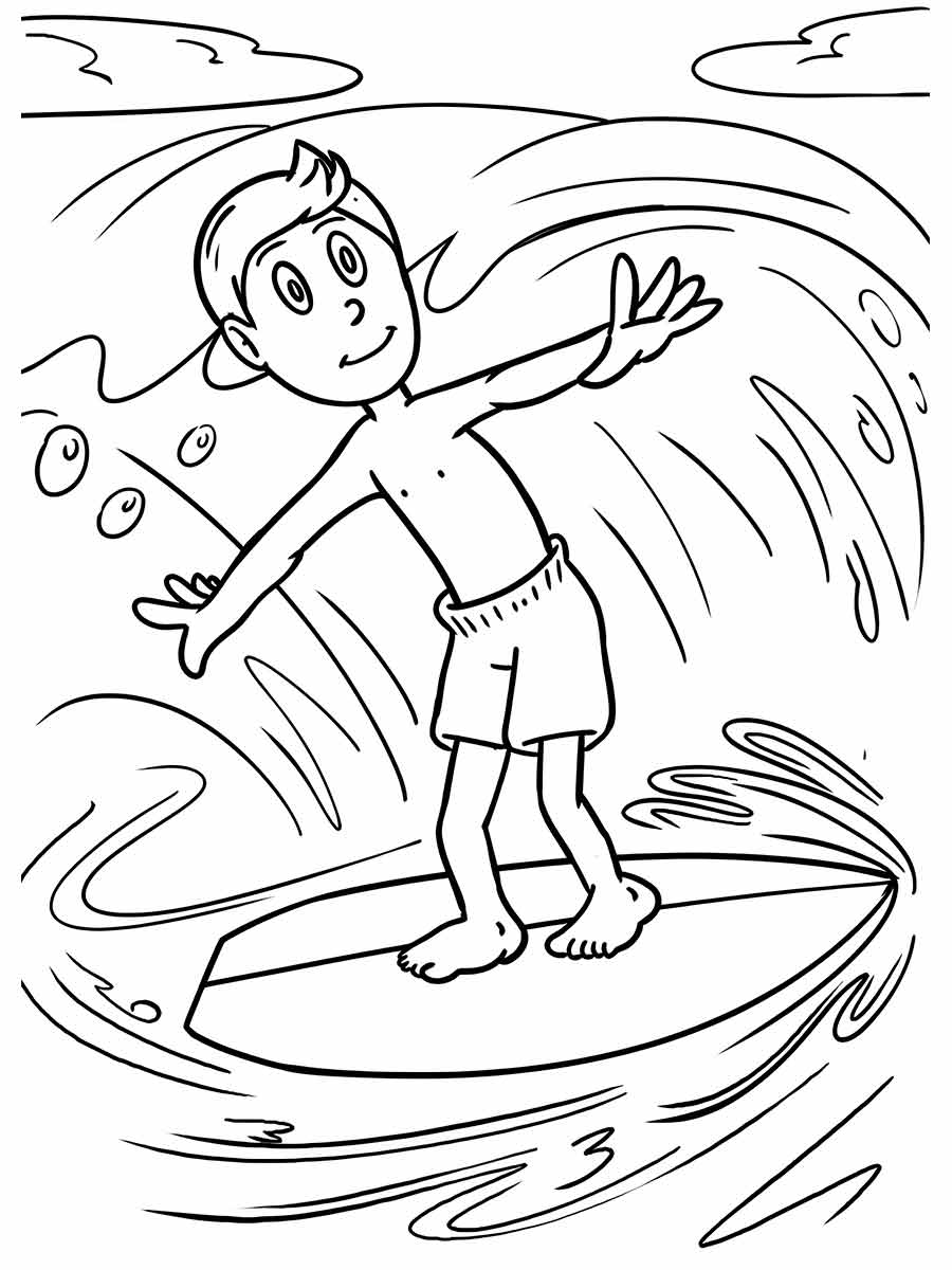 Boy surfing coloring page