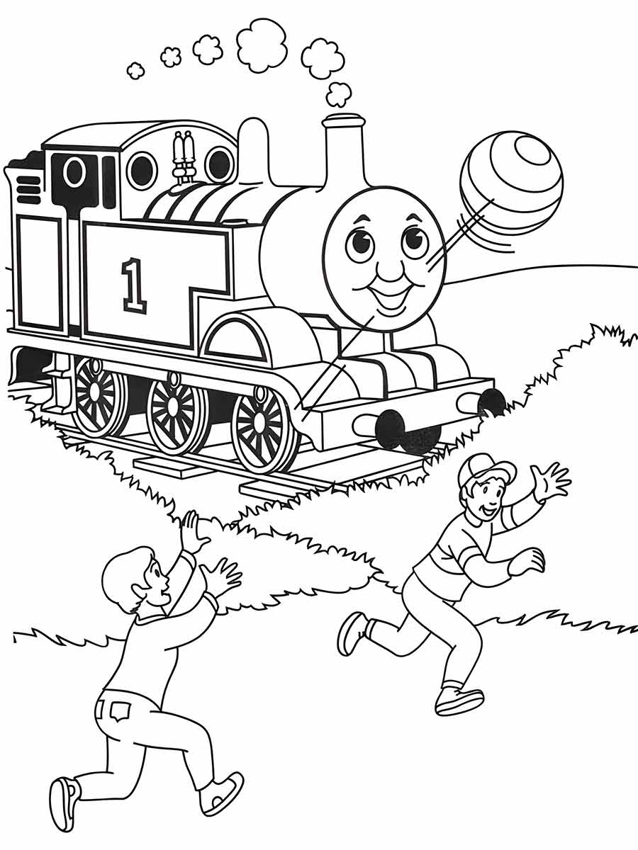 Boys in front of train coloring page