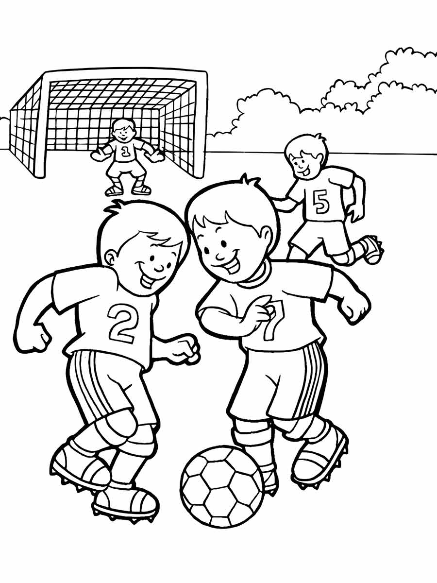 Boys playing soccer coloring page