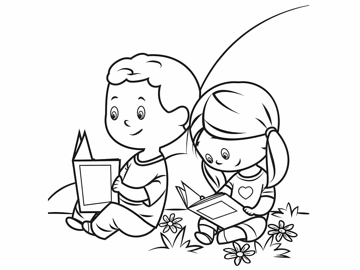 Boys reading coloring page