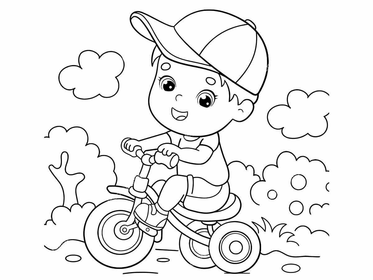 Boys riding tricycle coloring page