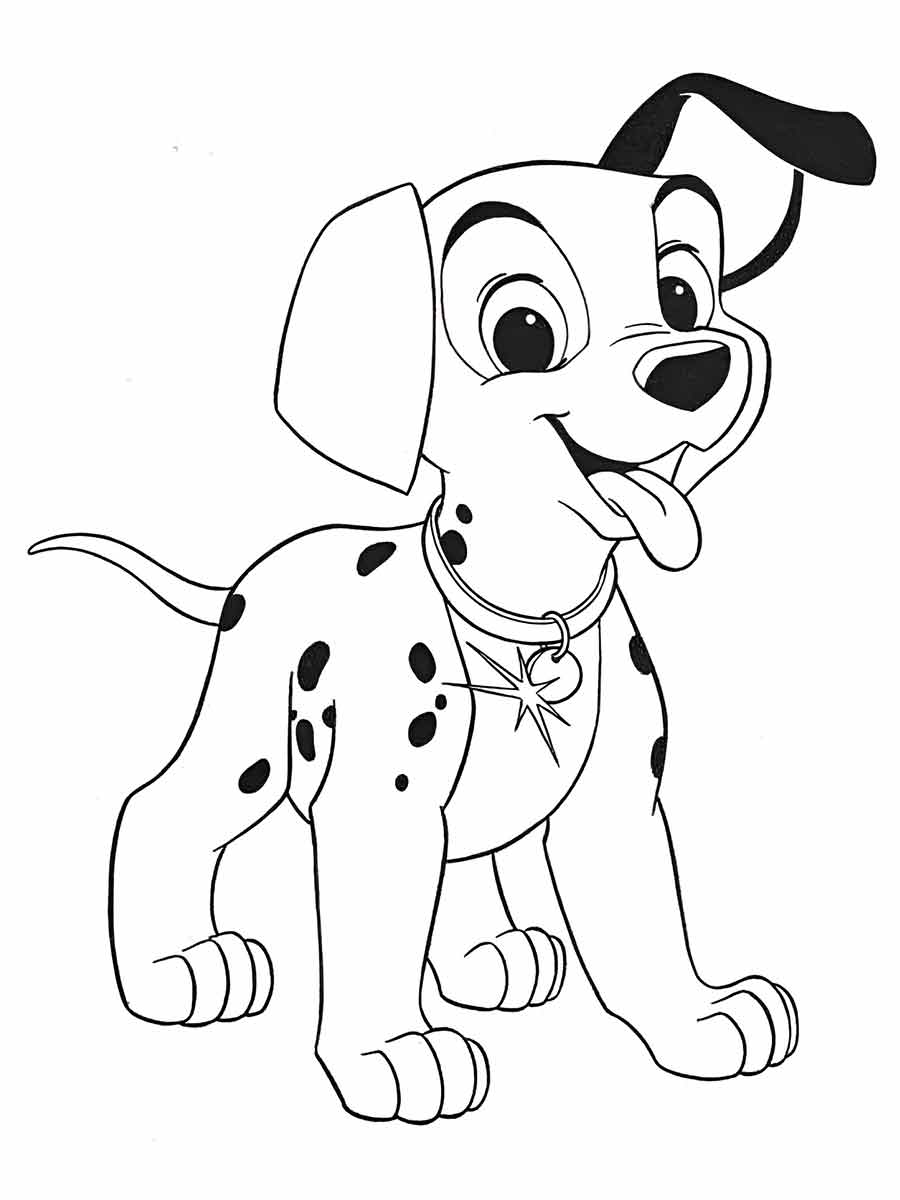 A cartoon Dalmatian puppy sitting with its tongue out and tail wagging.