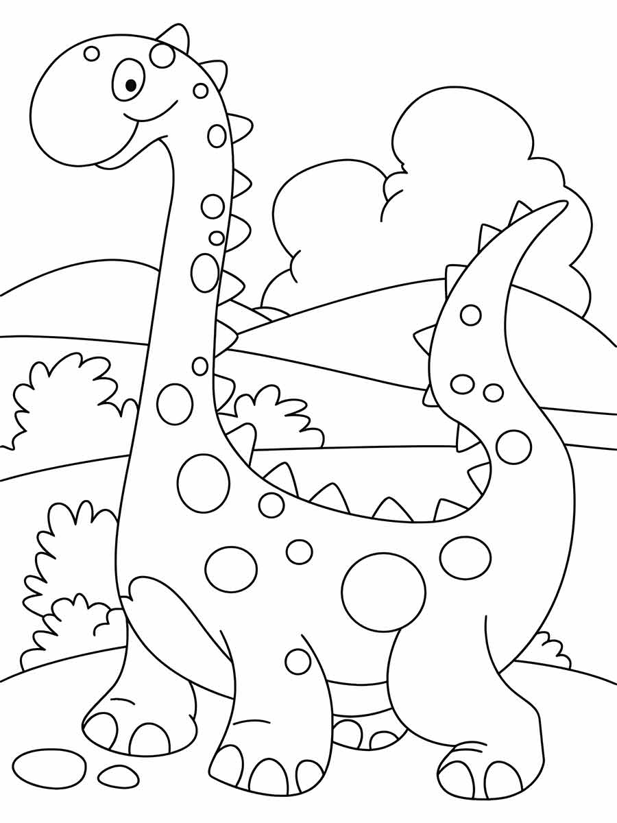 Coloring page of a cartoon dinosaur with a long neck and tail, covered in spots and spikes, in a landscape with hills, trees, and bushes.