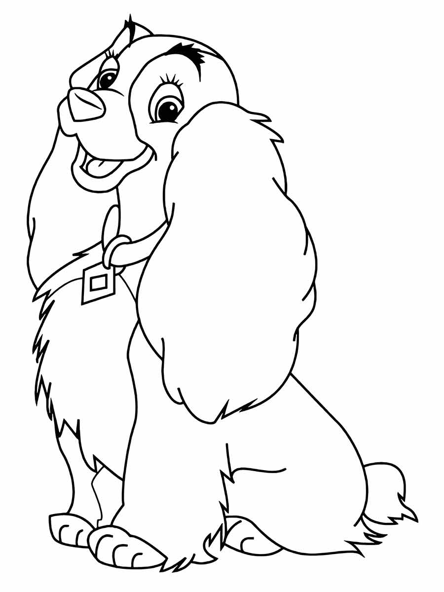 A coloring page of a dog sitting on its hind legs, with its front paws on the ground, and has a big head with a wide nose and smile. It wears a collar with a square buckle on its neck, a large fluffy tail, and a tuft of fur on its chest. Its body is round and chubby, and the fur is depicted with curved lines for texture. It is a fun image to color!