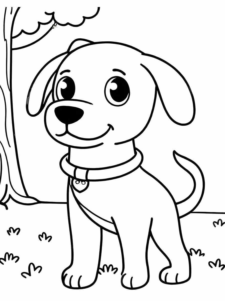 Coloring page of a cartoon dog standing on four legs, with a round body, fluffy tail, and long floppy ears. The dog is wearing a collar around its neck and has a small tuft of hair on its head. The dog's expression is happy and playful.