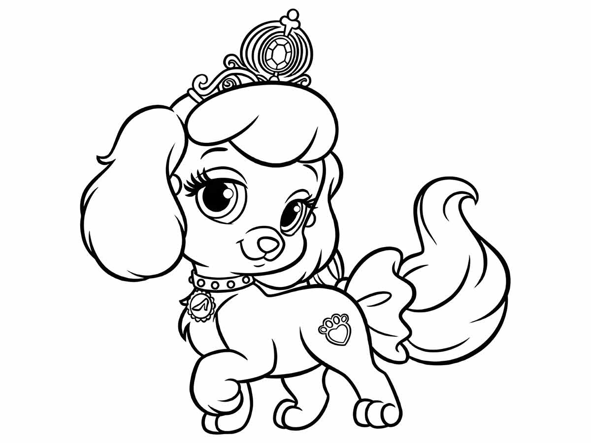 A black and white cartoon drawing of a female dog with long curly hair and a crown on her head. She is wearing a collar with a heart pendant and has a paw print on her hind leg. The dog is standing on all four legs and has a fluffy tail. It is a fun image to color!