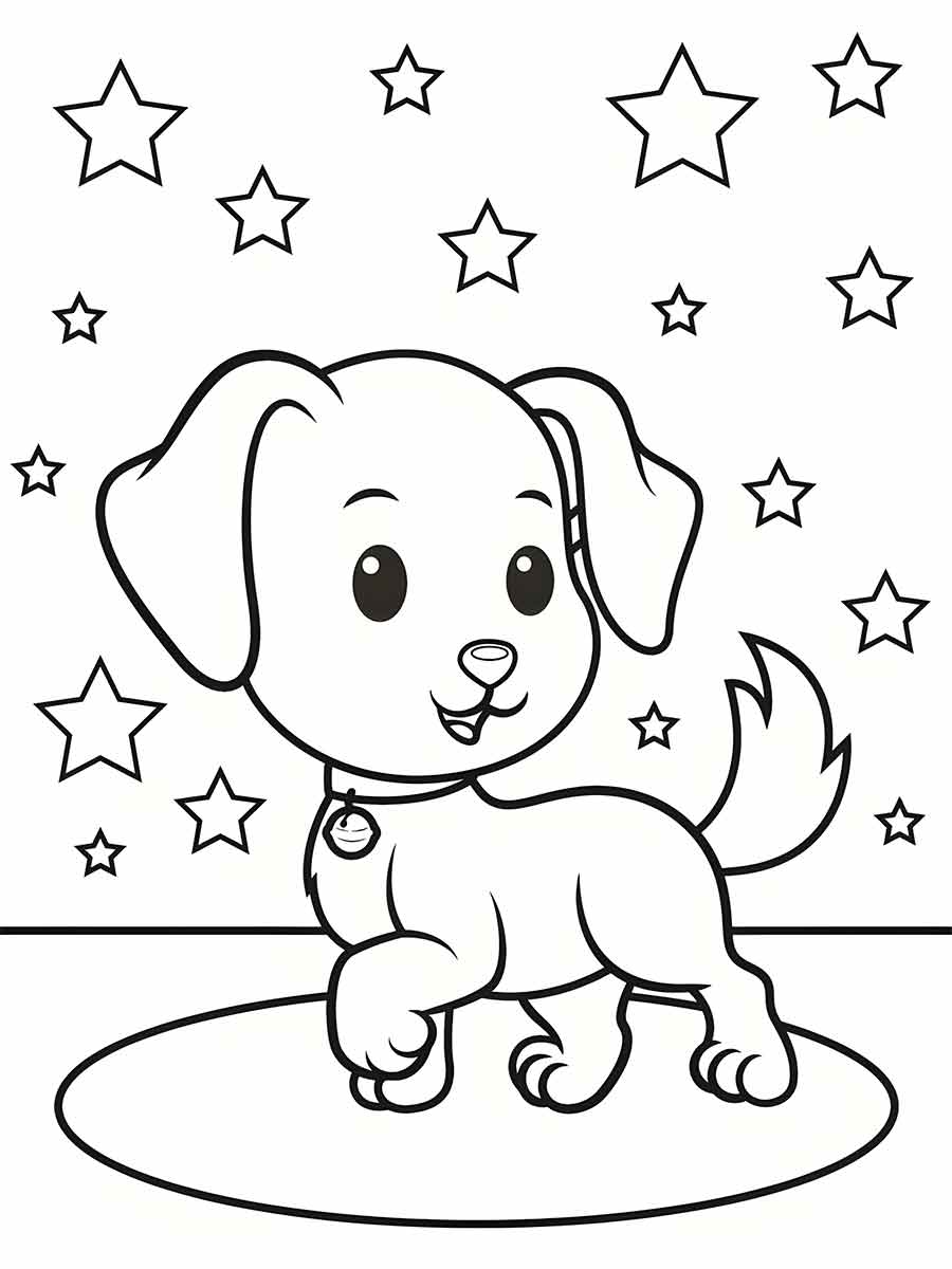 A black and white drawing of a puppy on a rug with stars in the background. The puppy, a small breed with floppy ears, is wearing a collar with a tag. It is standing on a round rug with a happy expression on its face. The background is filled with stars of different sizes. It

 is a lovely image to color!