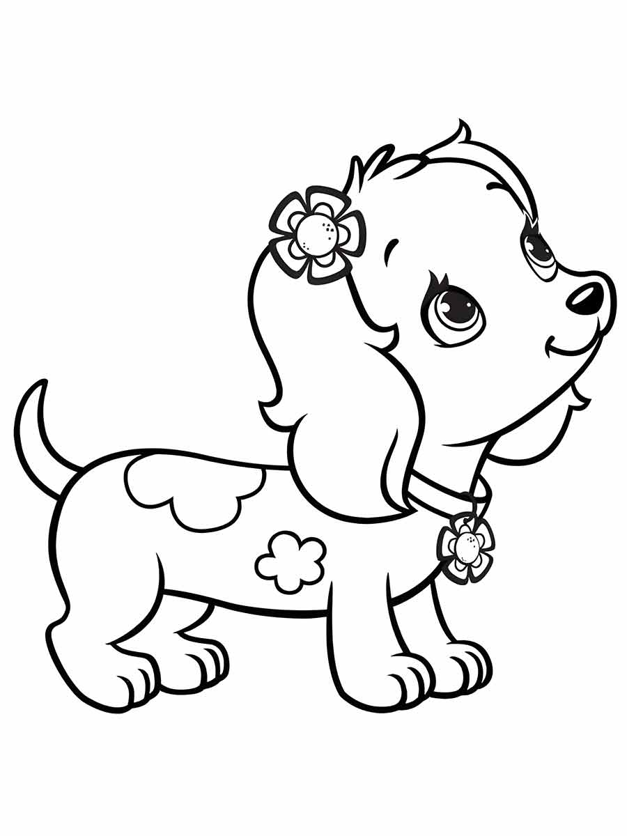 Coloring page of a cartoon puppy facing right, with a flower on its head and a collar with a flower. The puppy has a round head with big eyes and a small nose. The body is small and round with short legs. The puppy has a small wagging tail and a happy expression.