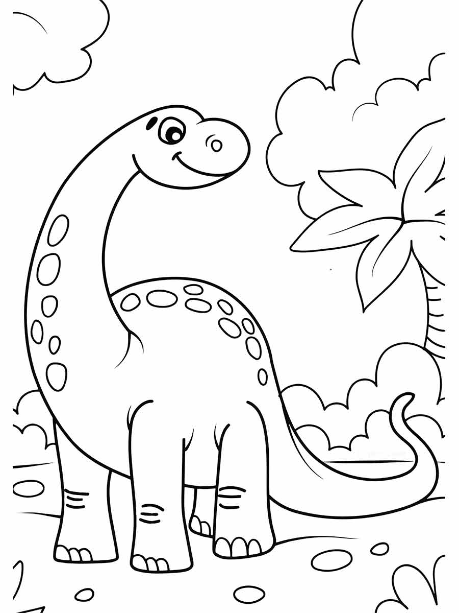 Coloring page of a cartoon sauropod with a long neck and tail, small head, round eyes, large spots on its body, in a rocky terrain with a palm tree and clouds.