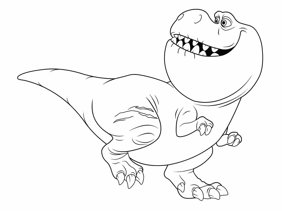 Coloring page of a cartoon T-Rex standing on two legs with an extended tail, a large head with sharp teeth, small arms, and a smiling face.