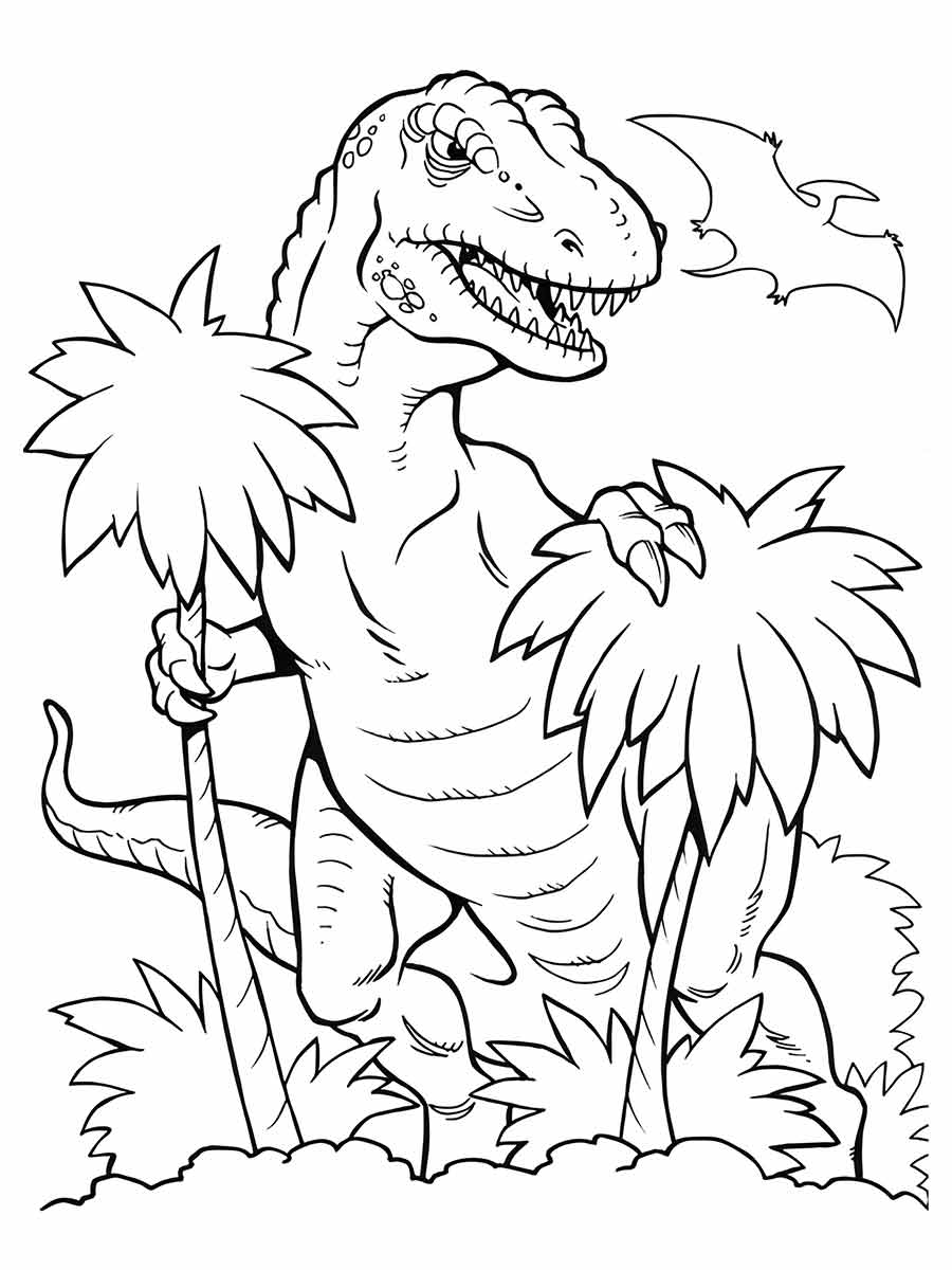 Coloring page of a cartoon T-Rex standing on two legs holding a palm tree in its left hand, with a large head and sharp teeth.