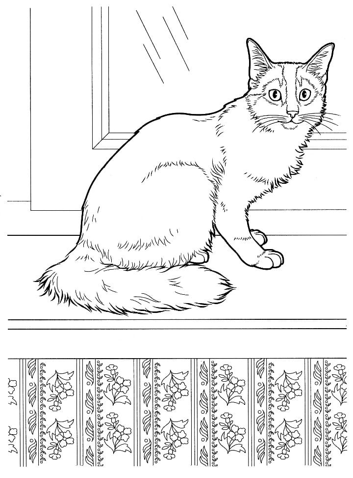 Coloring page of a cat with intricate patterns.