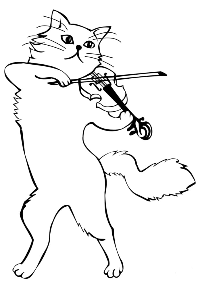 Coloring page of a cat playing the violin.