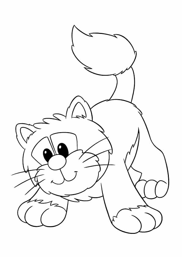 Coloring page of an angry cat with its tail raised.