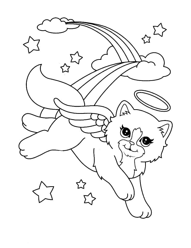 Coloring page of a cat as an angel flying above the clouds.