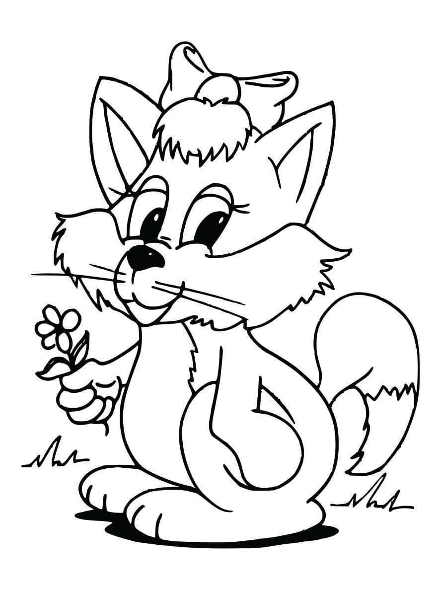 Coloring page of a cat holding a flower.