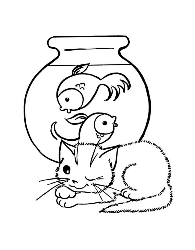 Simple coloring page of a cat lying next to an aquarium.