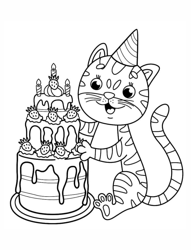 Coloring page of a cute kitten wearing a hat and holding a birthday cake.