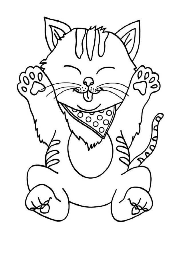 Coloring page of a kitten standing with its tail up.