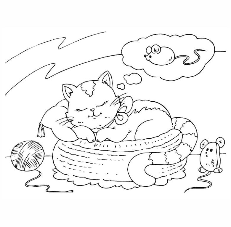 Coloring page of a cat sleeping and dreaming of a mouse.