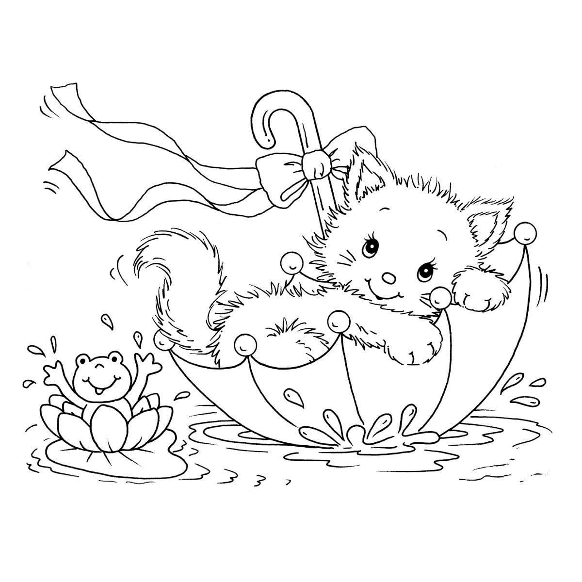 Coloring page of a cat inside an umbrella floating on a river.